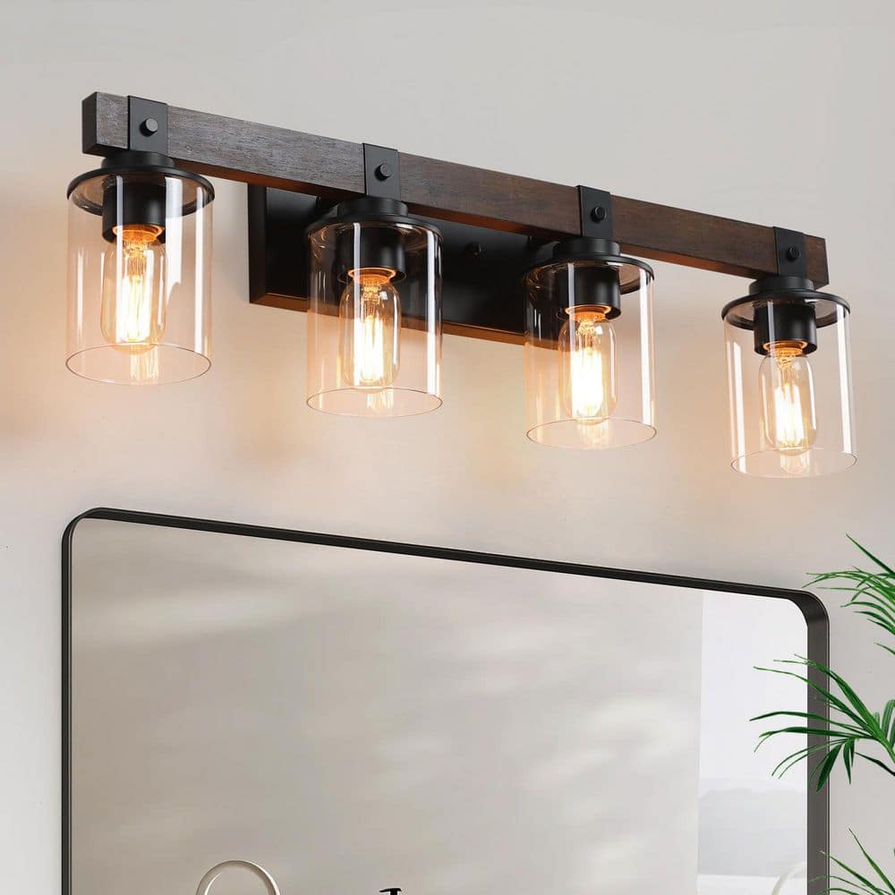 27.2 in. 4-Light Black and Walnut Industrial Bathroom Vanity Light with Clear Glass Shade price history on PriceWatchPro