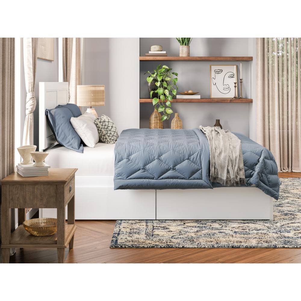 White Wood Queen Platform Bed with Storage Drawers and Chevron Headboard