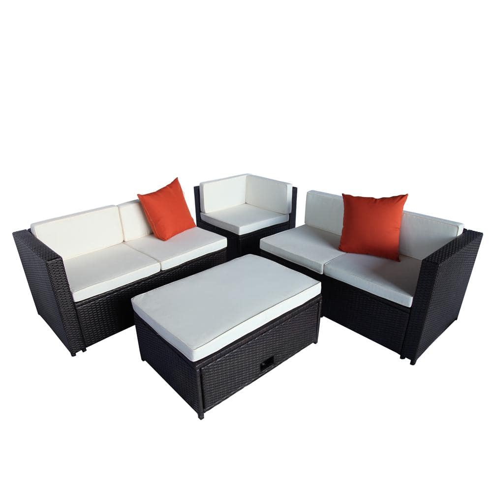 Brown Wicker Outdoor Sectional Set Garden Sofa with Beige Cushion