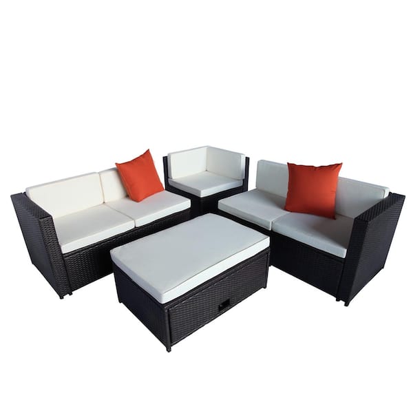 Unbranded Brown Wicker Outdoor Sectional Set Garden Sofa with Beige Cushion