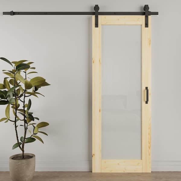 30 in. x 96 in. 1-Lite Tempered Frosted Glass Unfinished Solid Core Pine Wood Sliding Barn Door with Hardware Kit