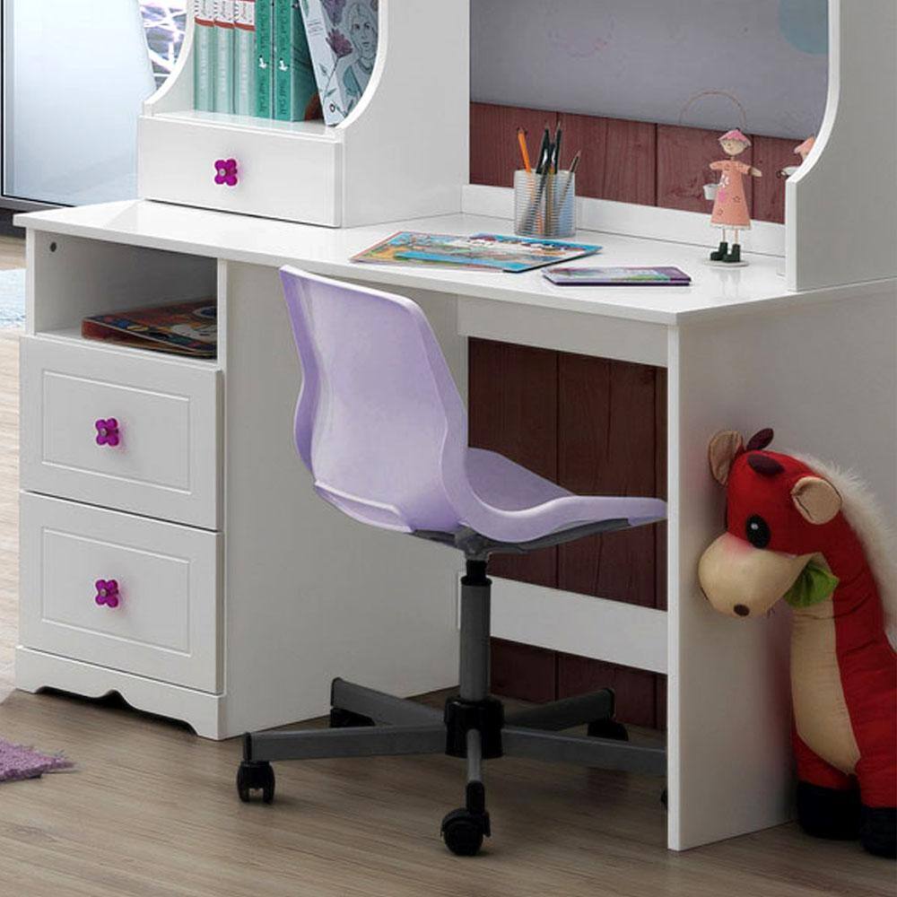 Elegant White Wood Writing Desk with Utility Drawer and Filing Cabinet