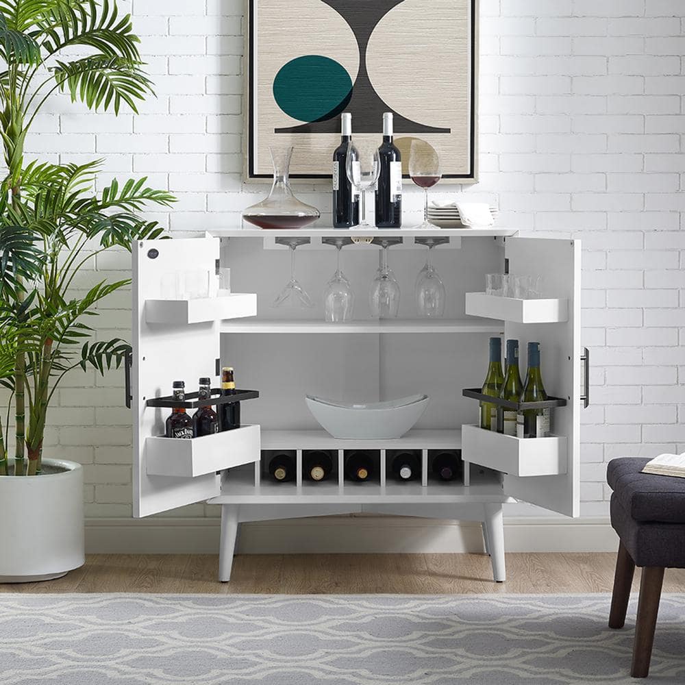 Landon Mid-Century White Bar Cabinet with Antique Brass Handles