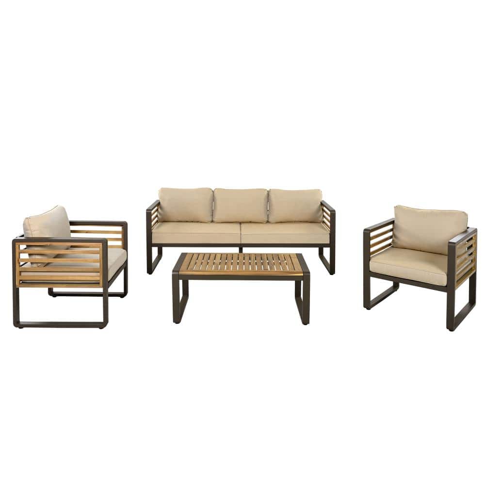 4-Piece Garden Sofa Set with Removable Cushions, Brown Metal Frame and Wood Accents price history on PriceWatchPro