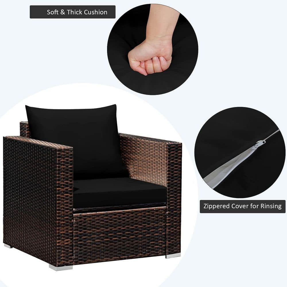 Black 3-Piece Rattan Patio Conversation Set with Cushions