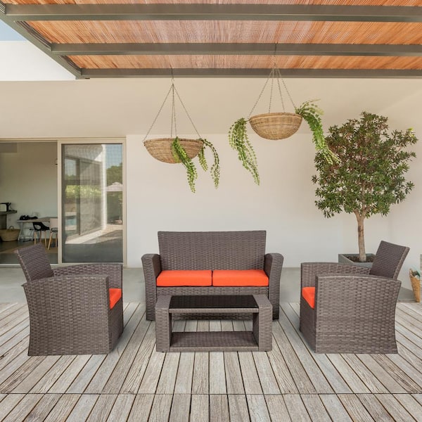 Hudson 4-Piece Gray Wicker Outdoor Patio Loveseat and Armchair Conversation Set with Orange Cushions and Coffee Table
