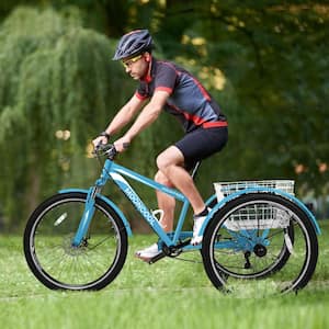 26 in. Adults Trikes with Shopping Basket, Adult Mountain Bike, 7-Speed 3-Wheel Bike Mountain Tricycle Cruiser Trike