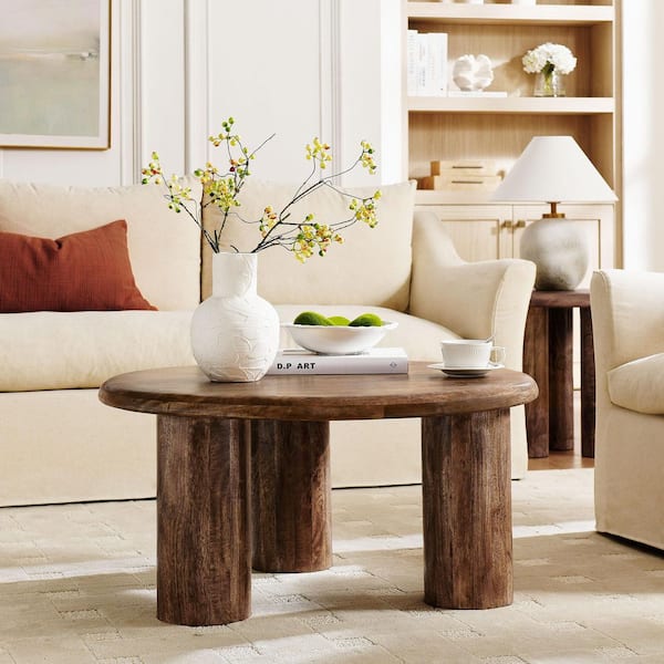 Mavina 34 in. Walnut Brown Round Solid Mango Wood Coffee Table