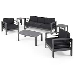 Cape Coral Grey 6-Piece Aluminum Patio Conversation Seating Set with Dark Grey Cushions