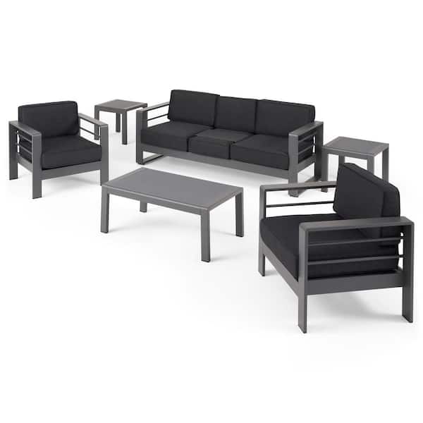 Cape Coral Grey 6-Piece Aluminum Outdoor Patio Conversation Seating Set with Dark Grey Cushions