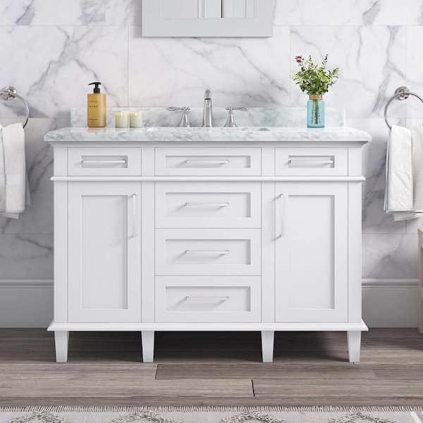 Home Decorators Collection Sonoma 48 in. W x 22.1 in. D x 34.3 in. H Freestanding Bath Vanity in White with Carrara Marble Marble Top
