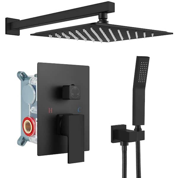 1-Spray Shower Faucet 1. 8 GPM Square High Pressure Wall Bar Shower System with Valve and Hand in Matte Black