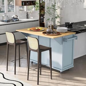 Blue Solid Wood Desktop 53 in. W Kitchen Island on 5 Wheels with Adjustable Shelves and 3 Drawers