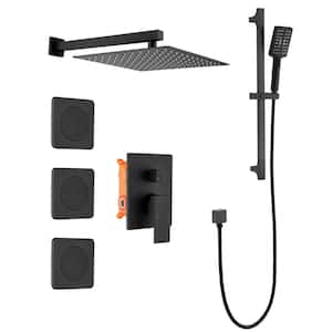 12 in. 2-Handle 3-Spray Wall Mount Pressure Balance Square Rainfall Shower System with Rough-In Valve in Matte Black