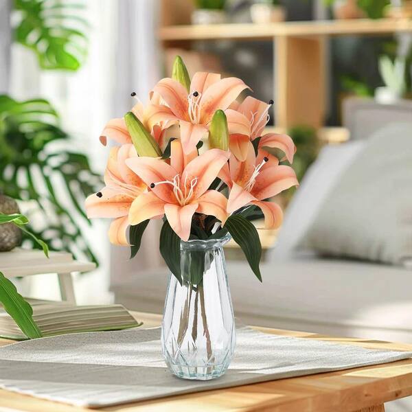 Artificial Lily Bouquet with Glass Vase 19.7 in. Tall, Lifelike