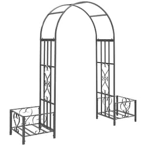 81.1 in. x 82.7 in. Steel Garden Arch Arbor with Scrollwork Hearts, 2 Plant Stands, Climbing Plant Support, Dark Gray