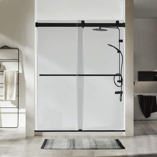 Satico 60 in. W x 74 in. H Single Sliding Frameless Shower Door in Black with Clear Glass