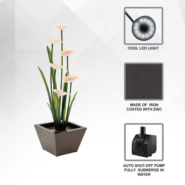 Metal Sculptural Multi-Tiered Flower Water Fountain, Multicolored, 39 in. Tall, with LED Lights