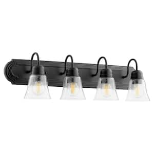 Campbell Traditional 30 in. W, 4-Light Textured Black Fixture Color Finish Vanity Light - Clear Seeded Glass Shade