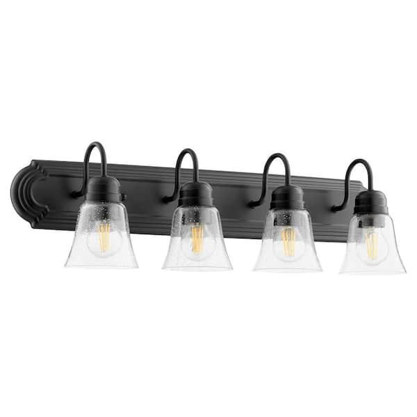 Quorum INTERNATIONAL Campbell Traditional 30 in. W, 4-Light Textured Black Fixture Color Finish Vanity Light - Clear Seeded Glass Shade