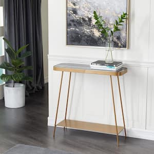 32 in. Gold Extra Large Rectangle Metal 1 Shelf Console Table with Shaded Glass Top