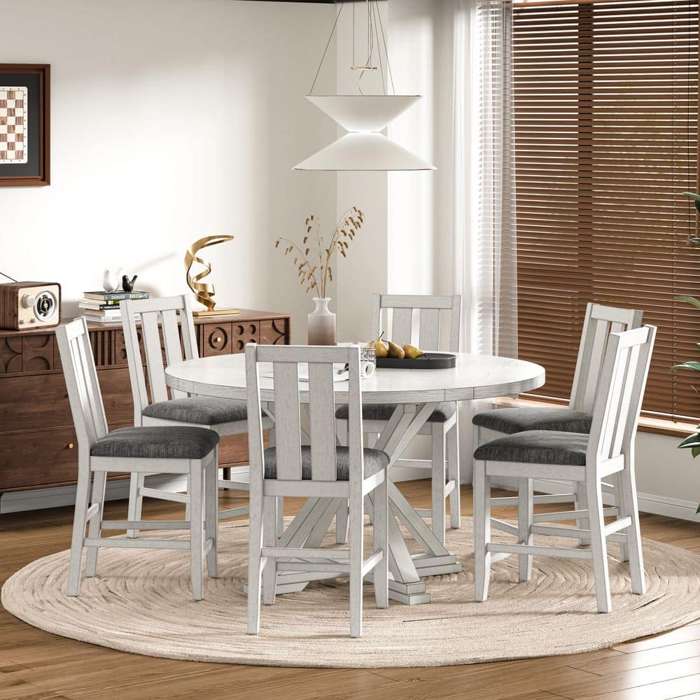 VECELO 7-Piece Rustic Gray Counter Height Dining Table Set w/ Foldable Round-to-Square MDF Top ...