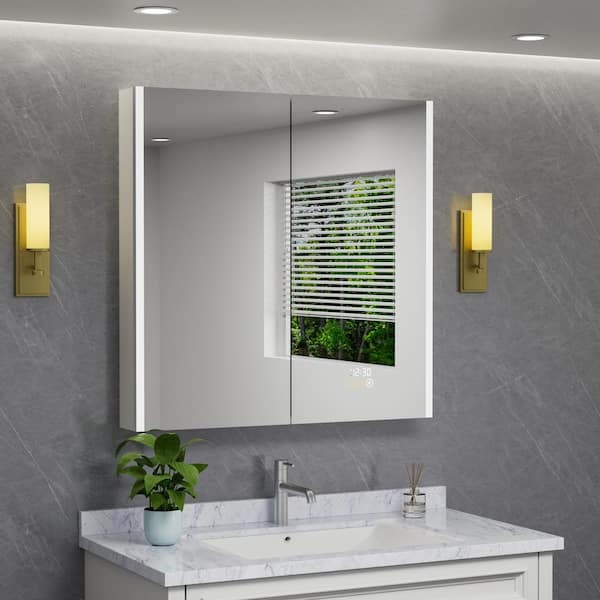HBEZON Eos 36 in. W x 36 in. H Rectangular Aluminum Surface/Recessed Medicine Cabinet with Mirror and Light, LED Clock