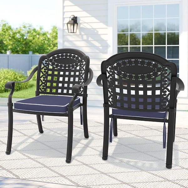 Black Stackable Elegant Cast Aluminum Patio Outdoor Dining Chair with Blue Cushion(2-Pack)