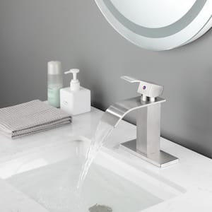 Single Handle Single Hole Bathroom Vanity Sink Waterfall Spout Bathroom Faucet in Brushed Nickel
