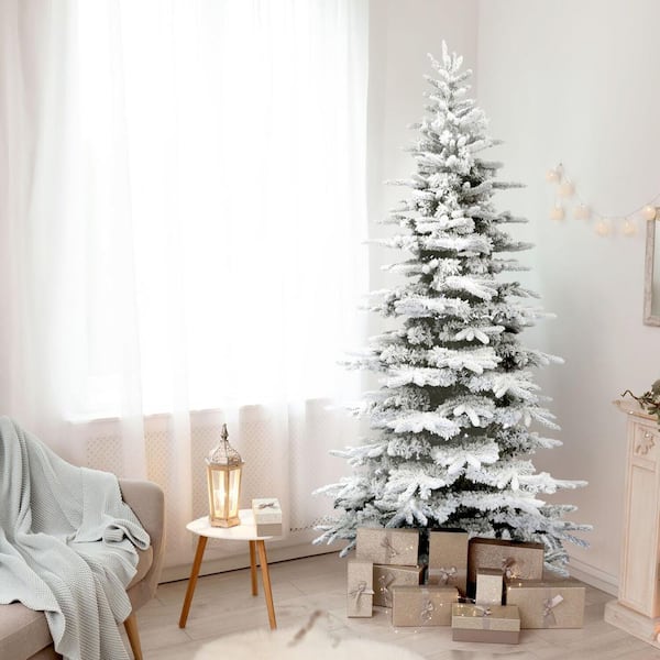 6.5 ft. Pine Valley Flocked Artificial Christmas Tree, Holiday Tree w/Metal Base, Perfect Home Decor, No Lights