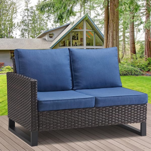 Opohoro U-Weave Brown Wicker Right Arm 2-Seat Outdoor Sectional Sofa Patio Loveseat with Navy Blue Cushion