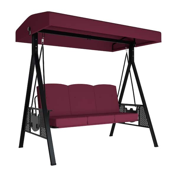 3-Person Metal Outdoor Patio Swing Chair with Convertible Canopy, Cushion and Side Tray Included, Wine