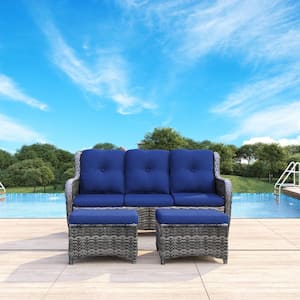 Wicker Outdoor Patio Sofa Sectional Set with Blue Cushions and Ottoman