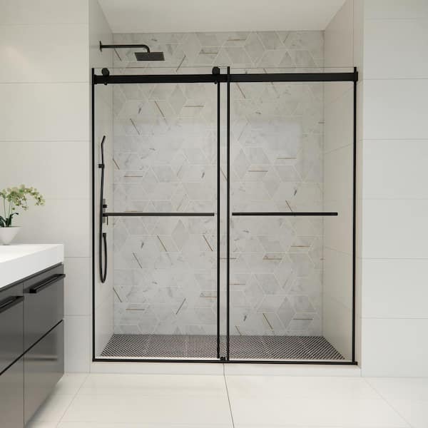 Belizzi 68 in. W x 76 in. H Sliding Frameless Shower Door in Matte Black Finish with Clear Glass