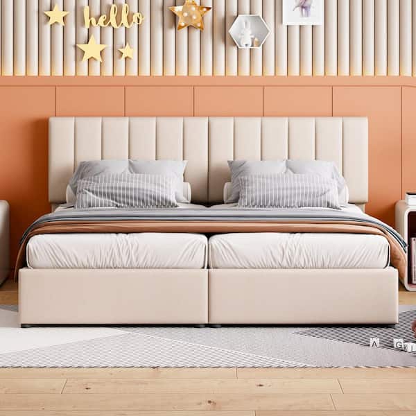 Beige Wood Frame King Platform Bed with a Hydraulic Storage System