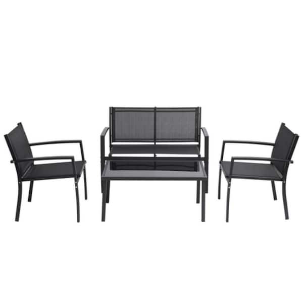 Alpulon Black 4-Piece Metal Furniture Patio Conversation Set with Glass Top Coffee Table