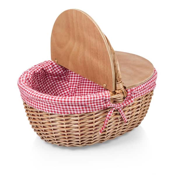 Premier Housewares 1901048 Picnic Basket Bread Basket Wicker Basket Oval  Hamper Baskets For Gifts Lining Woven Basket Red H14x W27x D19