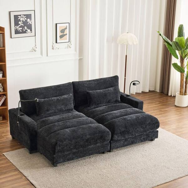 90.5 in. W Chenille 2-Seats Loveseat with Cup Holder 8 U58 Port in Black