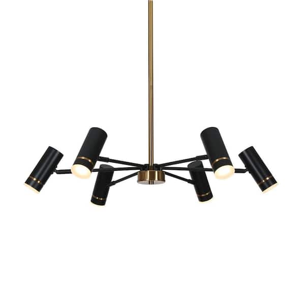 Modern 6-light Black Integrated LED Sputnik Chandelier Lighting for Dining Room, Brass Pendant Light with Cylinder Shade