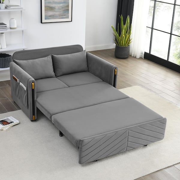 54 In Gray Velvet Full Modern Convertible Sofa Bed With 2 Detachable Arm Pockets Pull Out And Headboard Grey