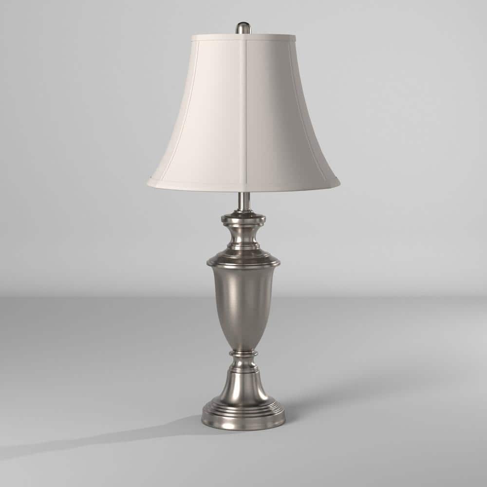Brushed Steel Table Lamp Set with White Silk Shades