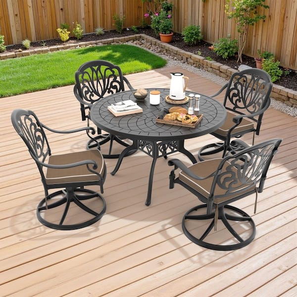 5-Piece Black Cast Aluminum Patio Outdoor Dining Set with Round Table and 4 Swivel Chairs with Brown Cushions