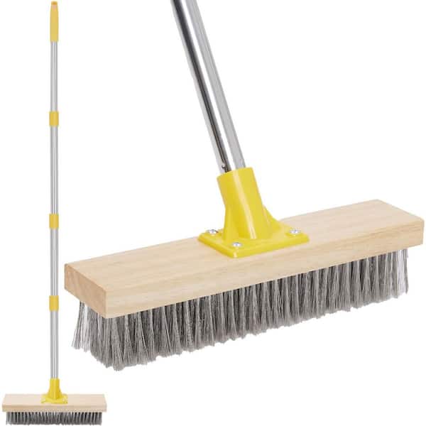 60 Heavy Duty Stainless Steel Wire Deck Scrubbing Brush with Adjustable Long Handle for Concrete, Patio, Outdoor Stains