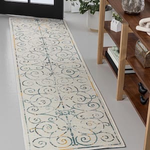 Danae Cottage Filigree Scroll Reversible Machine-Washable Cream/Navy 2 ft. x 8 ft. Indoor/Outdoor Runner Area Rug