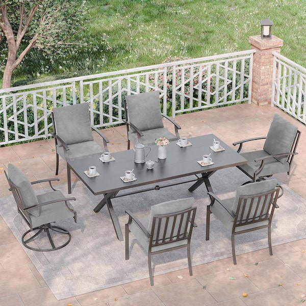 Halmuz 7-Piece Metal Patio Outdoor Dining Set with 2 Swivel Chairs, 4 Chairs, Large Table, Umbrella Hole and Grey Cushions
