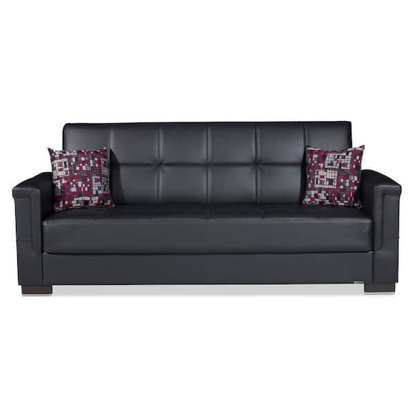 Ottomanson Basics Pro Collection Convertible 87 in. Black Faux Leather 3-Seater Twin Sleeper Sofa Bed with Storage