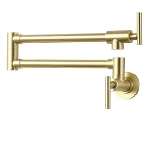 Wall Mount Pot Filler Faucet Double-Handle Folding Kitchen Restaurant Sink with Dual Joint Swing Arm Commercial in Gold