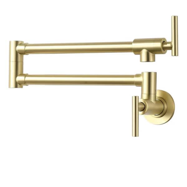 BWE Wall Mount Pot Filler Faucet Double-Handle Folding Kitchen Restaurant Sink with Dual Joint Swing Arm Commercial in Gold