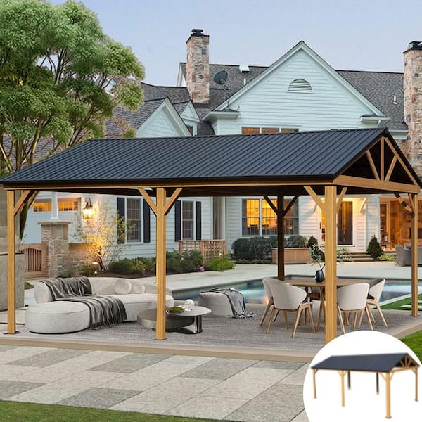 12 ft. x 20 ft. Yellow Brown Outdoor Galvanized Steel Gable Roof Gazebo Pergola with Wood Grain Aluminum Frame
