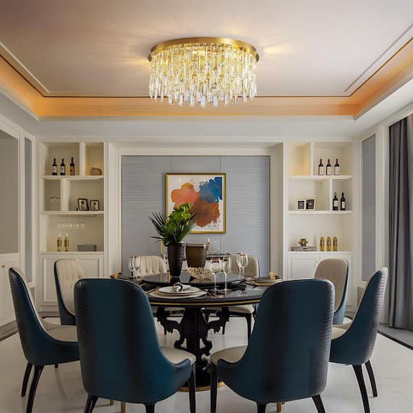 SILJOY 7-Light Gold Crystal Round Flush Mount Chandelier with